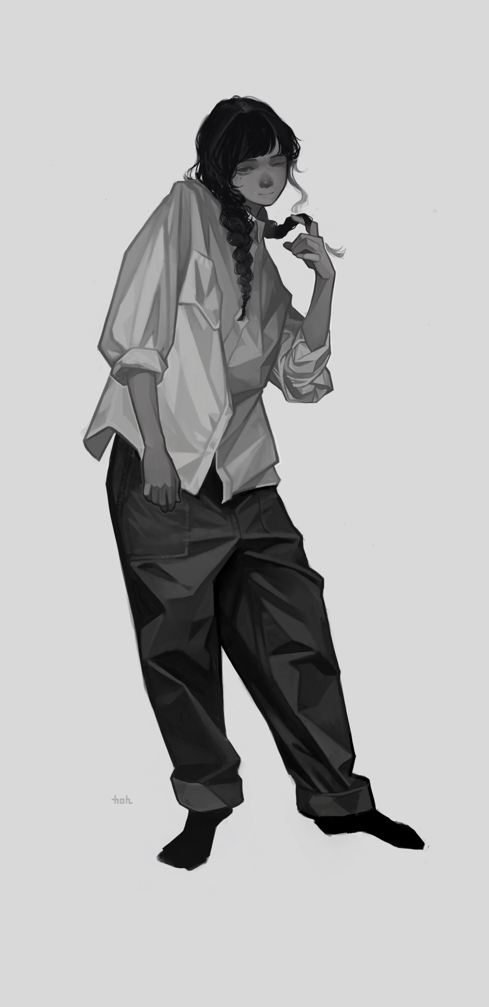 the image is a grayscale illustration of a young woman. she's depicted from the knees up, standing in a relaxed pose with one hand gently touching her braid. her clothing is simple yet stylish, consisting of a loose, collared shirt and dark, cuffed trousers. her expression is soft and somewhat introspective. the overall style is minimalist and elegant, with a focus on subtle details and shading. the artwork has an anime/manga influence, evident in the character's features and style of clothing.