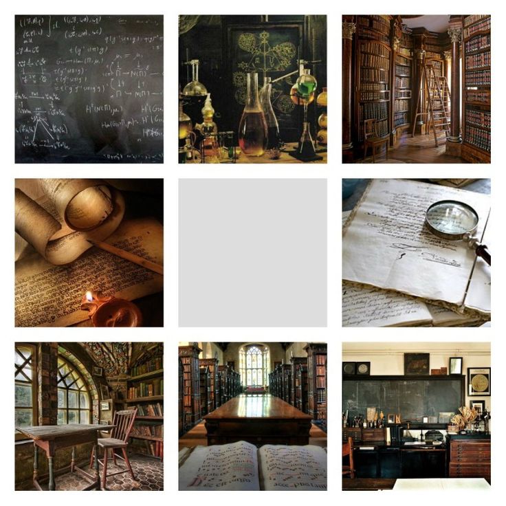 this image is a collage of nine different pictures, all related to the theme of books, learning, and research. the top left image shows a blackboard filled with scientific equations and symbols. the top middle image shows a collection of glass beakers and flasks filled with colorful liquids. the top right image shows a large library filled with bookshelves. the middle left image shows an old scroll and a lit candle. the middle right image shows a stack of old books with a magnifying glass resting on top. the bottom left image shows a small room with a window and a table, with bookshelves in the background. the bottom middle image shows a large library with tall bookshelves. the bottom right image shows a classroom with a blackboard and a desk. the entire collage is designed to evoke a sense of mystery, history, and learning.