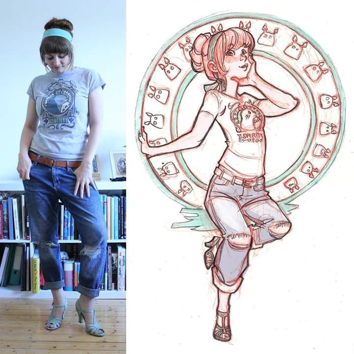 the image shows a comparison between a photograph of a woman in casual attire and a handdrawn illustration of a girl inspired by the photograph. the woman is wearing a gray tshirt, jeans, and a headband, while the drawing depicts a girl with similar clothing and hairstyle, with a whimsical background featuring a circle with stylized animal faces.