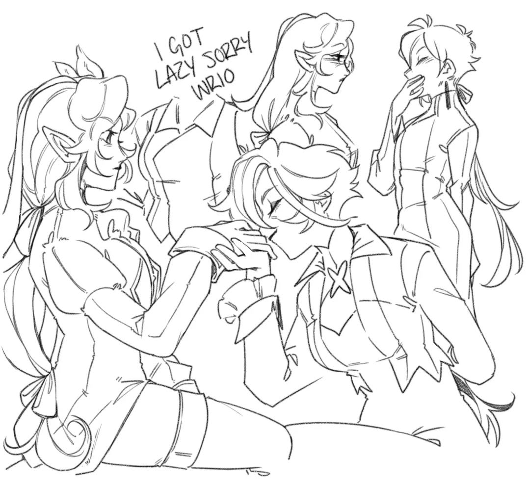 the image is a black and white line art sketch of several animestyle female characters interacting closely. one pair of girls appear to be embracing each other, with their hands clasped and resting gently on one another's arms and face.  another girl stands somewhat apart, observing, and yet another girl is partially obscured in the background. the drawing style is loose and expressive, and the characters have long, flowing hair.  the overall mood is friendly and intimate. text is visible in the upper portion saying "i got lazy sorry wrio." suggesting the image is a quick sketch and an apology for a rushed work.