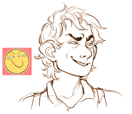 a lineart drawing of a young man with curly hair smirking slyly at the viewer. a smiling emoji is positioned to the left of his face.