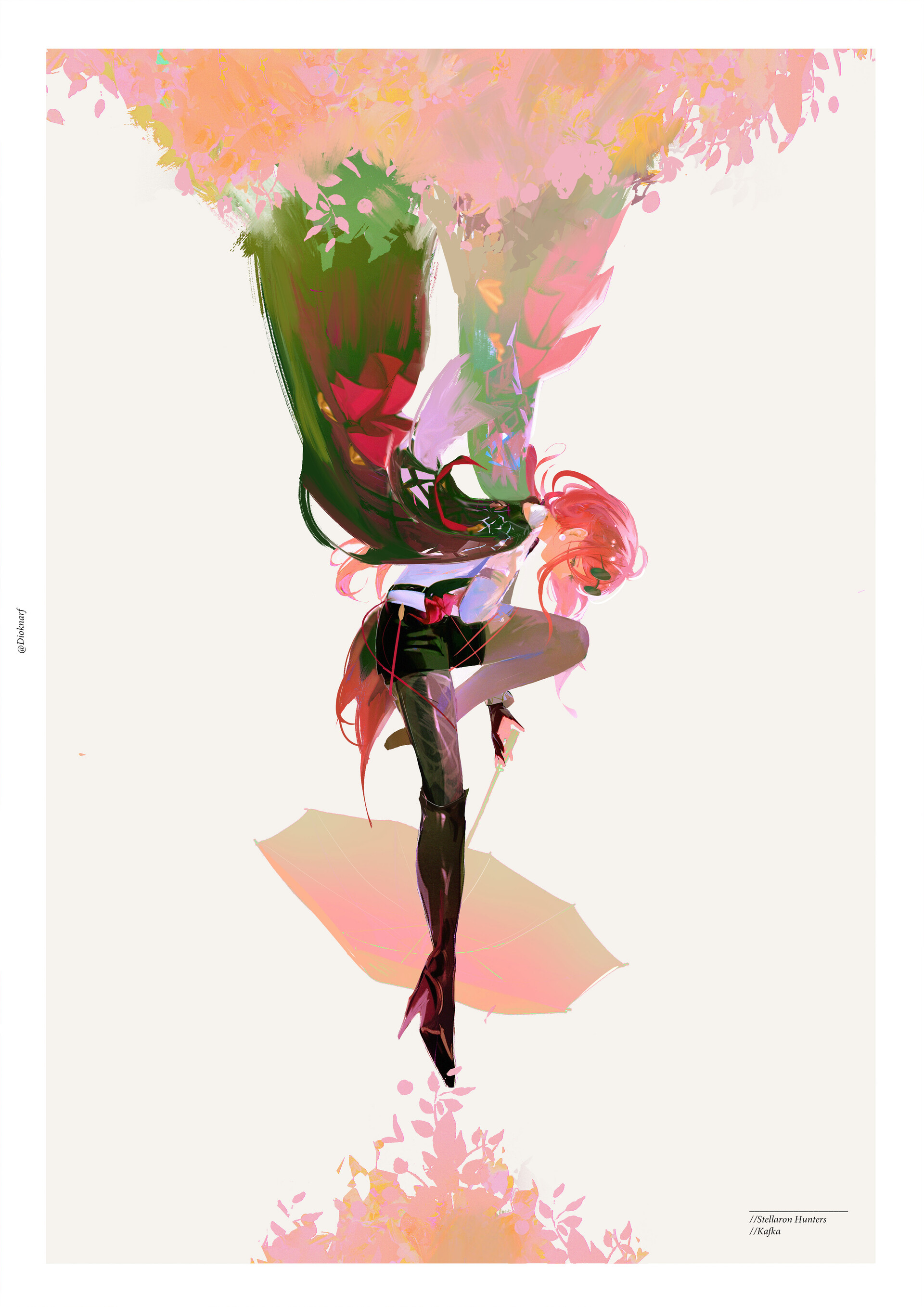 an anime girl with long pink hair, wearing black boots, a pink skirt and a black cape, is falling upside down against a white background. she holds a katana in her right hand and a pink umbrella is below her. the top and bottom of the image feature stylized pink and green foliage.