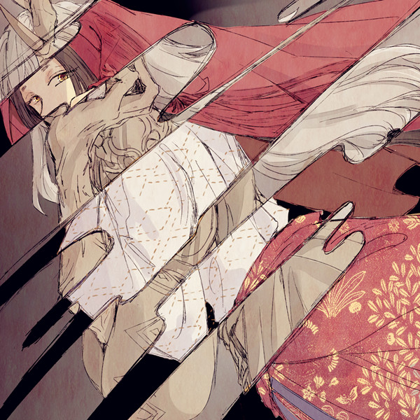 a digital illustration of an anime woman with long white hair, a red kimono, and white, black, and gold accents. she has long, flowing, white hair and large, dark eyes with gold eyes. she is in a red, white, and gold, traditional kimono with a traditional japanese pattern. the pattern is very intricate. she is sitting up,  with a slight smile on her face. she is surrounded by sharp lines that reflect her, like a mirror.  the background is white, black, and grey.