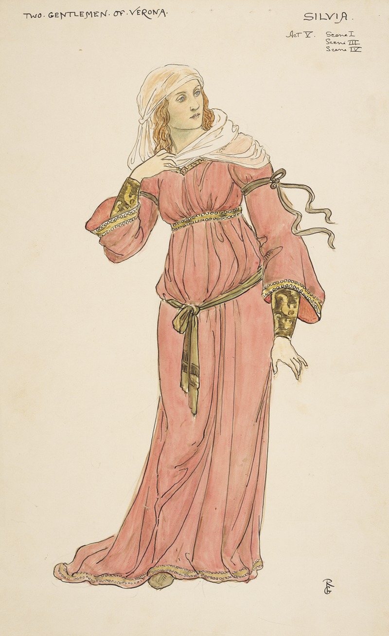 a fulllength watercolor and ink costume design for the character of silvia from shakespeare's "two gentlemen of verona," act v, scenes i, iii, and iv. silvia is depicted in a rosecolored dress with gold trim at the neckline, waist, hem, and cuffs. the dress is cinched at the waist with a green and gold sash. she wears a turbanlike headdress of white fabric draped over her head and shoulders. the drawing is a design for a theatrical production, showcasing historical elizabethan or renaissance fashion.