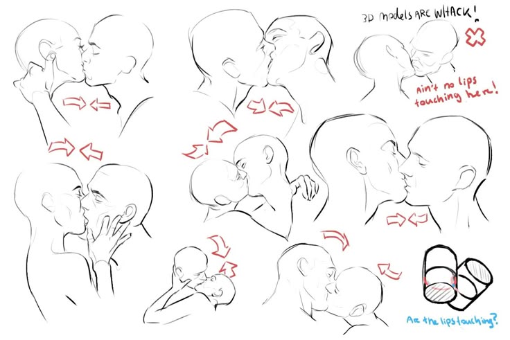 the image shows a diagram with multiple sketches of human figures kissing. some sketches include details and annotations, focusing on the anatomy of the faces and how the lips touch. the sketches are simple black lines on a white background. there are red annotations emphasizing certain aspects of the drawing.