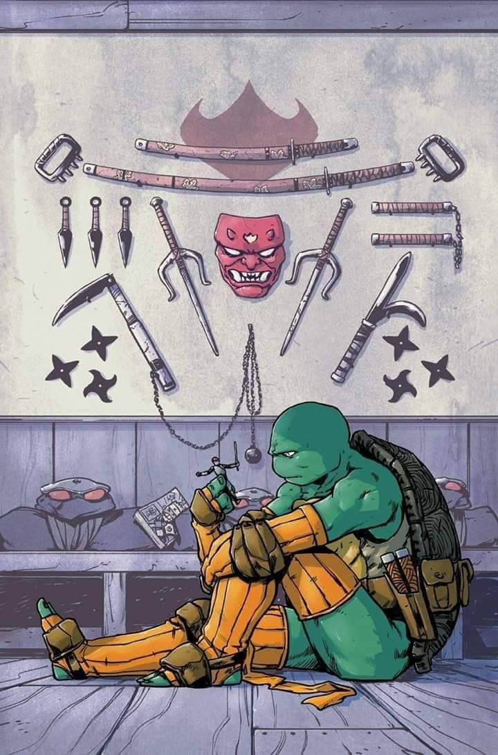this is an illustration of leonardo from the teenage mutant ninja turtles sitting in a room with a wall behind him adorned with various weapons and tools, including a katana, shuriken, and a mask. he appears to be thinking.