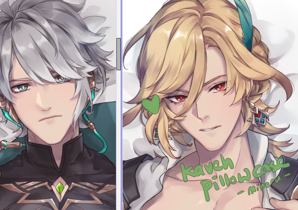 this image is a fanart of two characters from the game genshin impact. on the left is kaeya, a character with silver hair and blue eyes. on the right is albedo, a character with blond hair and red eyes. both of them are smiling, and the image is in a digital illustration style. the characters are drawn in a casual and relaxed way, and they look very cute and handsome.  in the background, you can see a pillowcase with albedo's name written on it, suggesting that this image is a fanart of a pillowcase that features albedo. this image is a nice piece of fanart that captures the charm of these two popular genshin impact characters.