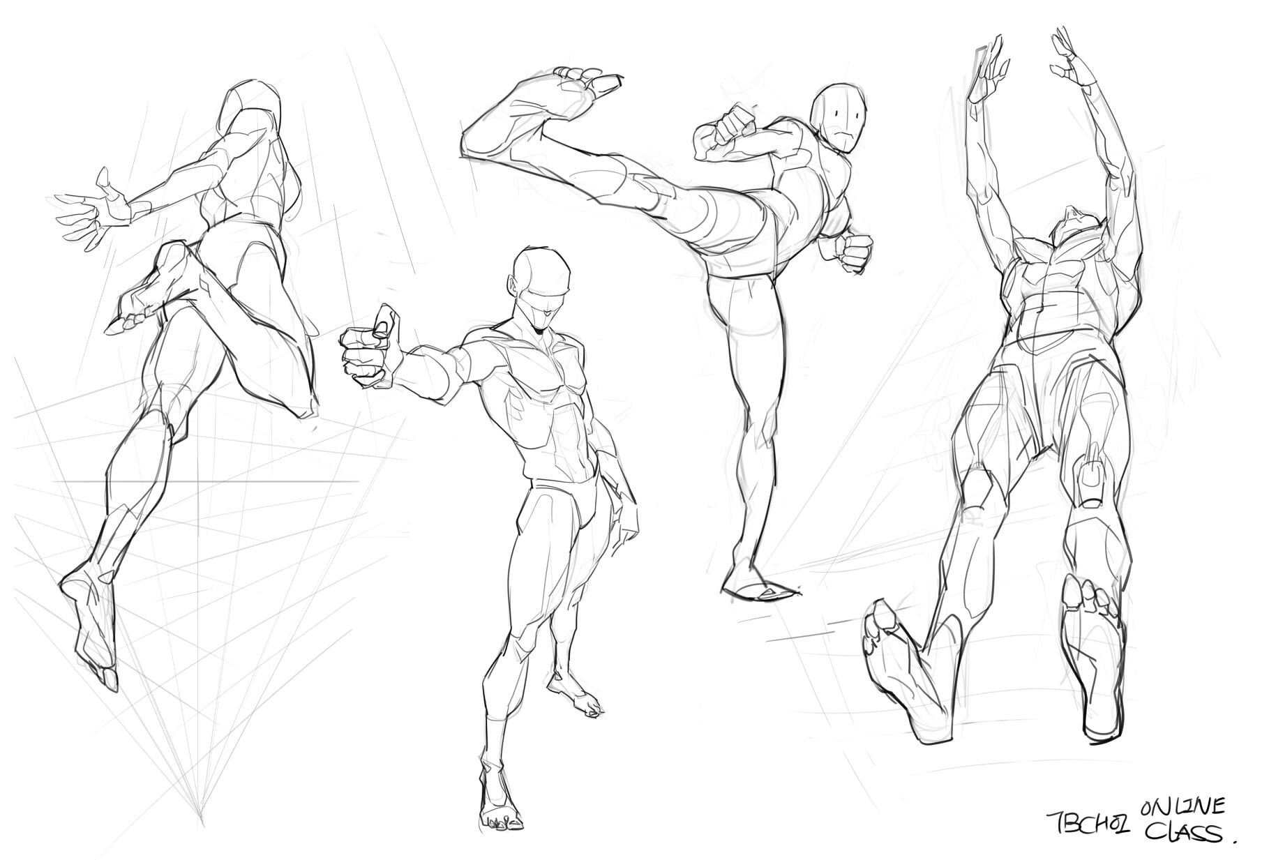 he image contains four dynamic figure drawings in pencil, showcasing different poses and perspectives of the male human form. the style is loose and gestural, focusing on capturing movement and anatomy rather than precise detail.  the figures are in various actions: a high kick, a jump, a fall, and a reaching pose. each drawing demonstrates an understanding of foreshortening and body proportions. a faint grid is visible behind some of the figures, perhaps used as a construction aid. the bottom right corner includes the text "tbcho1 online class," indicating the drawings are likely from an online art class focusing on figure drawing. the overall aesthetic is one of energetic movement and dynamic form.