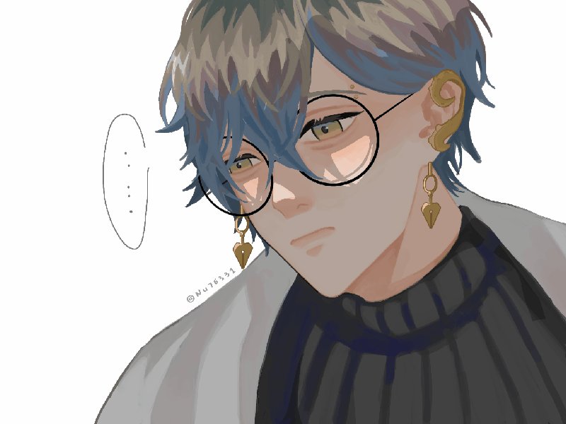 a digital art illustration of a sad anime boy with blue hair, wearing round glasses, gold heart earrings, a black sweater, and a white jacket. he is looking down with a neutral expression. the background is white with a speech bubble on the left side, suggesting he is thinking. the art style is simple and clean.
