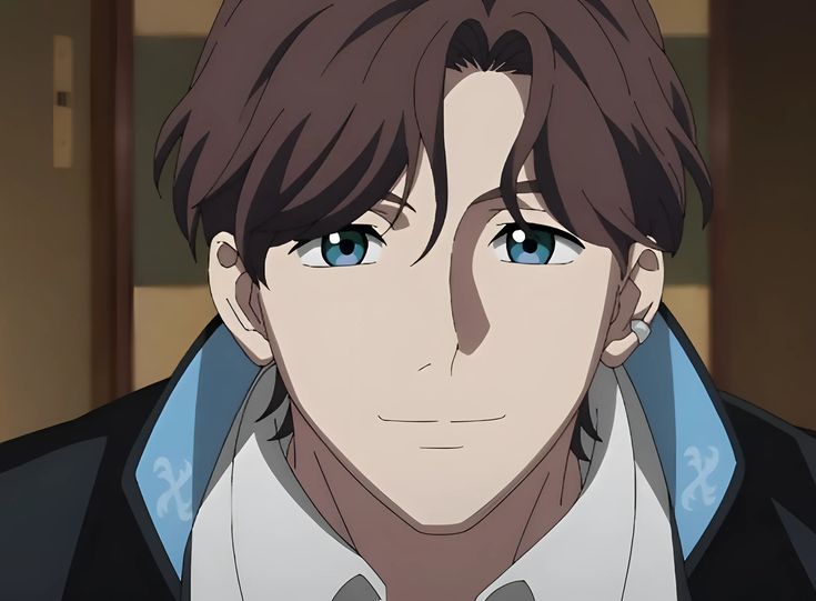 a digital illustration of a young anime man with brown hair and blue eyes. he is smiling softly and wearing a black jacket with a blue collar and a white undershirt. the background is a warm beige color.