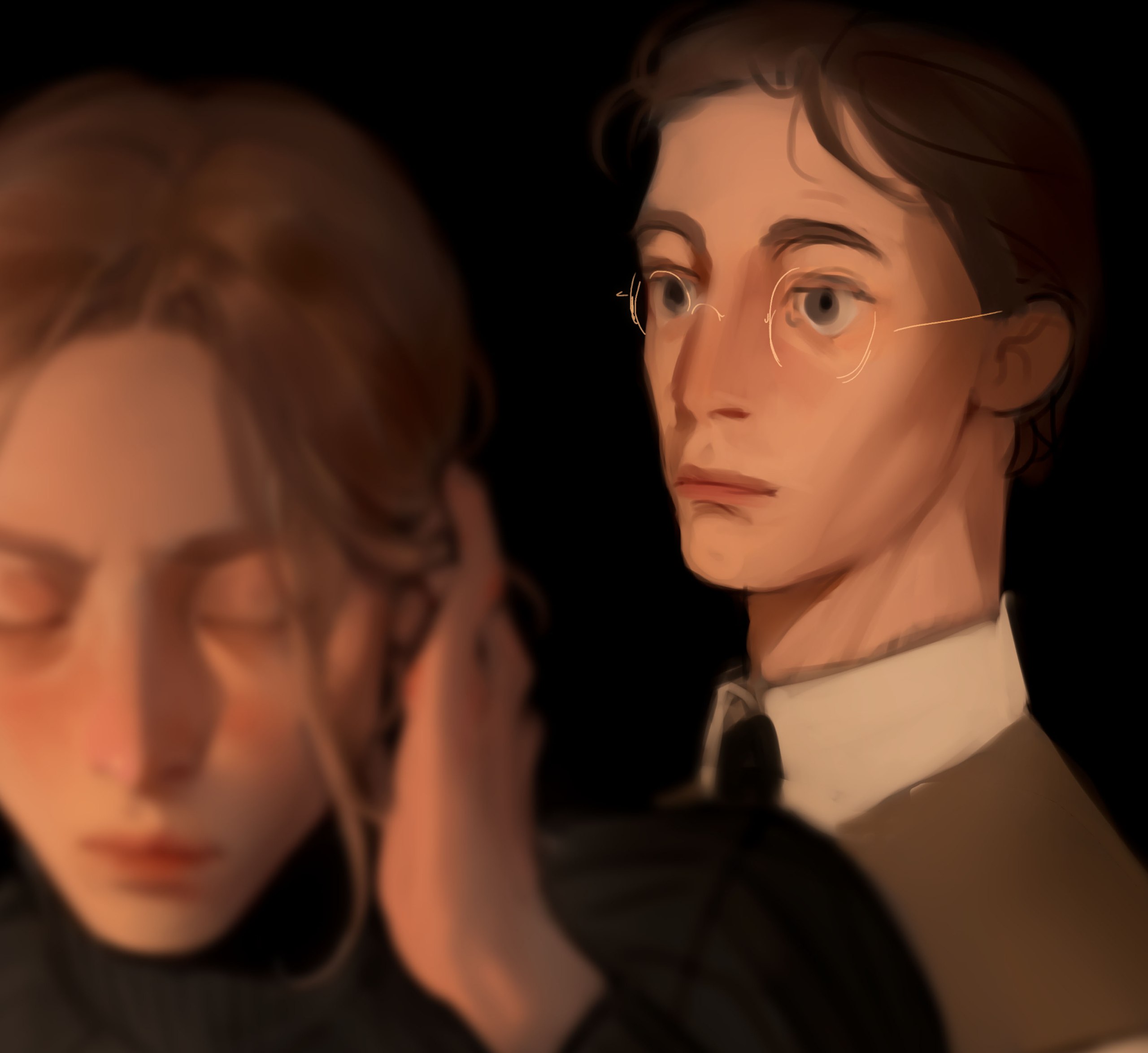 a digital painting of a man and woman in a tender moment. the focus is on their faces, which are very close. warm light illuminates the woman's face and the man's profile, highlighting their features and creating a sense of intimacy. he's looking at her intently, while she appears lost in thought, her eyes closed. the background is dark and undefined, drawing the viewer's attention to the couple.