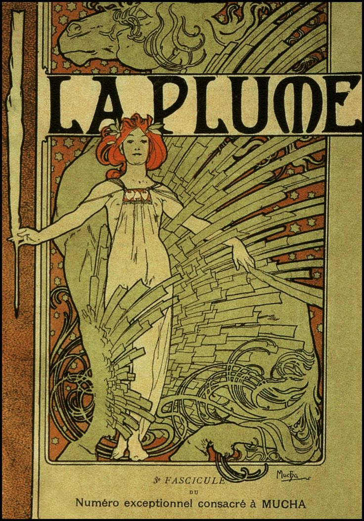 this is an art nouveau style poster, likely a magazine cover for "la plume". it features a central figure of a woman with flowing red hair, a draped garment, and an ethereal presence. she stands amidst a cascade of stylized green shapes, possibly representing reeds or quills, which radiate outward in a fanlike manner. above her, there's an image of a horse's head. the background is decorated with floral patterns and a border of stars. the text "la plume" is prominently displayed. the inscription "3e fascicule du numéro exceptionnel consacré à mucha" indicates that this particular issue is dedicated to the artist alphonse mucha, whose signature appears at the bottom right. the color palette is dominated by muted greens, reds, and browns, typical of the art nouveau period.