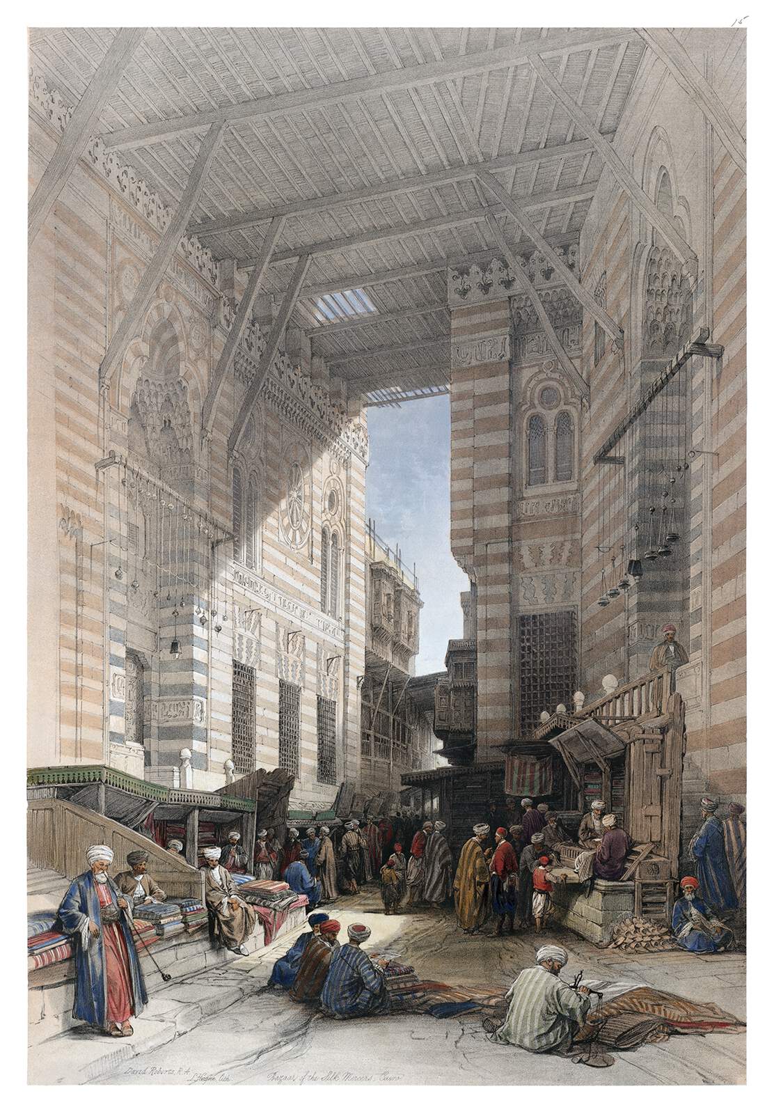 the image is a historical painting of a bustling street scene in cairo, egypt. the architecture features tall buildings with distinctive striped patterns in tones of beige, gray, and red. archways connect the structures, with a wooden framework overhead that provides some shade to the street below. many people, dressed in traditional middle eastern clothing, populate the street. there are vendors selling textiles and carpets, while others are engaged in conversation or simply passing through the area. the play of sunlight and shadows creates a dynamic effect, highlighting various architectural details and adding depth to the scene. the overall impression is that of a lively market day in a historic middle eastern city.