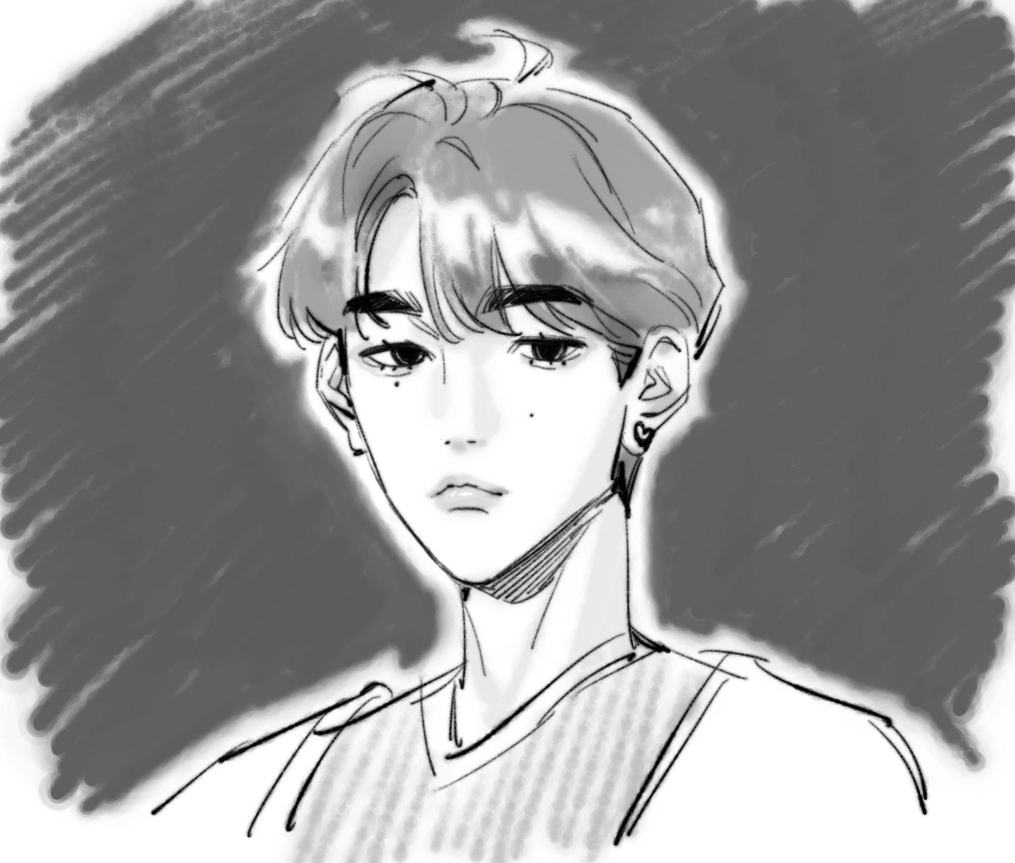 a black and white, sketched portrait of a young man. he has short hair and is wearing a tshirt. the background is a gradient of gray.