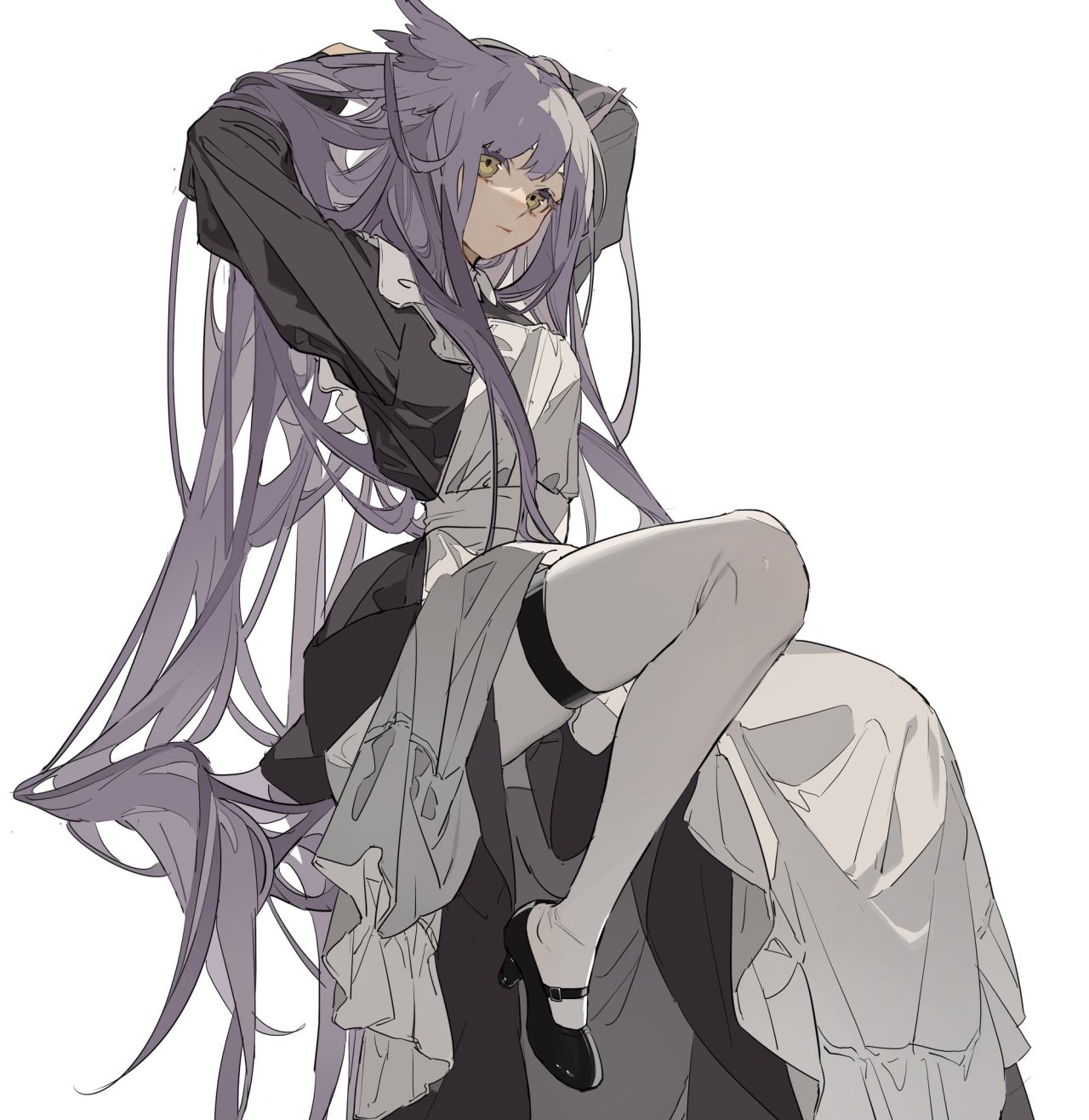 an anime girl with long grey hair and yellow eyes is sitting. she has her hands behind her head, which is pulling up her hair. she's wearing a black and white maid dress, a garter belt on her left leg, and a black shoe on her left foot.