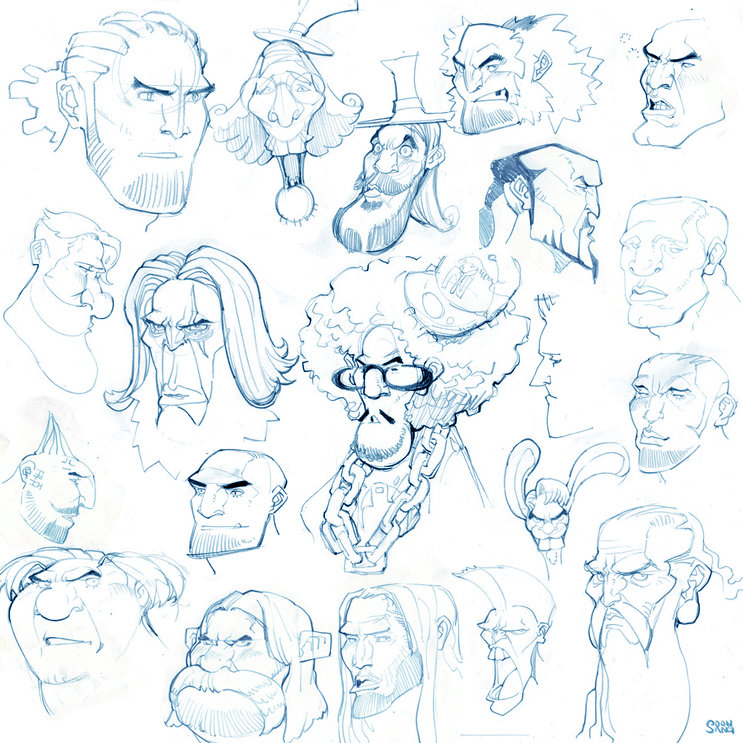this is a page of character design sketches. they are all drawings of men's faces with a variety of features and expressions.