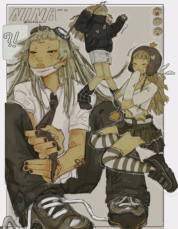 he image is a digital drawing/illustration, possibly fan art or an original piece, featuring three animestyle female characters.  the style is reminiscent of contemporary online art trends, characterized by soft lines, muted colors, and a slightly melancholic yet charming mood.the central character is a girl with long, lightcolored hair styled in braids, wearing goggles, a mask, and casual streetwear.  two other characters are positioned around her; one seems to be perched on her shoulder and another sits near her feet. these characters also display similar fashion styles. all the characters are portrayed in dynamic poses. the background is a simple beige color with a few speech bubbles and small cartoonlike emotion icons.  the overall aesthetic is a blend of cute and edgy. the artist's signature or username "nikocoii" is visible, along with "nina" and "no. 12," which could indicate a series or publication.