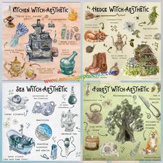the image is a collage of four squares, each representing a different type of witch aesthetic.  the top left square is labelled "kitchen witch aesthetic," depicting a witch's kitchen with herbs, potions, and a stove. the top right square is labelled "hedge witch aesthetic," showcasing a hedge witch's woodland setting, complete with a small cottage, herbs, and mushrooms. the bottom left square is labelled "sea witch aesthetic," presenting a sea witch's coastal environment with seashells, a cauldron, and a mermaid tail. the bottom right square is labelled "forest witch aesthetic," featuring a forest setting with trees, a toadstool, a crystal, and a witch's cauldron.