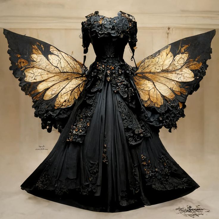 a dark, elegant dress with large butterflylike wings extending from the back. the dress is primarily black with gold leaf patterns on the wings. the garment has intricate detailing with ruffles and embellishments throughout, suggesting a fantasy or costume design.