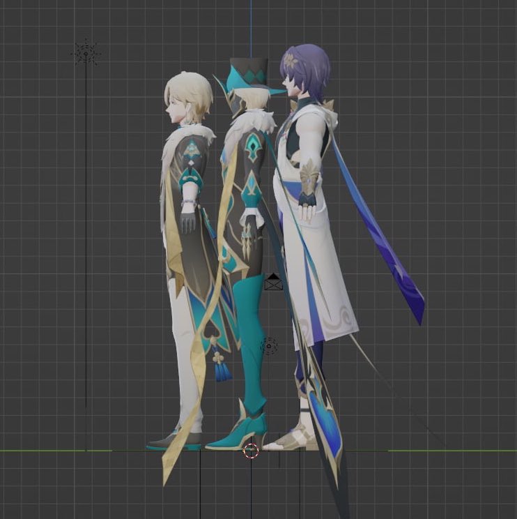 three male characters from the video game genshin impact are posed in front of a grey background. the characters are shown from the side. one character is wearing a blue and green outfit with a hat, another is wearing a white outfit with a long blue sash, and the third is wearing a blue and gold outfit.