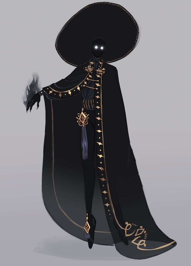 an illustration of a tall, slender humanoid character dressed in a long, flowing black cloak with gold trim and a widebrimmed black hat. the character has glowing white eyes and appears to be emitting smoke or magic from their hand. they are wearing elegant attire, including tassels and ornamental designs. the background is a neutral gray.