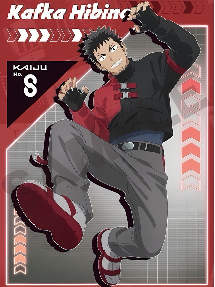 this is a digital illustration of kafka hibino from the manga and anime series kaiju no. 8. he is in a dynamic pose, leaping forward with a determined expression on his face. he is wearing a red and black jacket over a white shirt, and gray pants. the background is a red grid with large arrows. the image is stylized in the anime style, with exaggerated features and bold lines. the image is full of action and energy, giving the viewer a sense of kafka's power and determination.