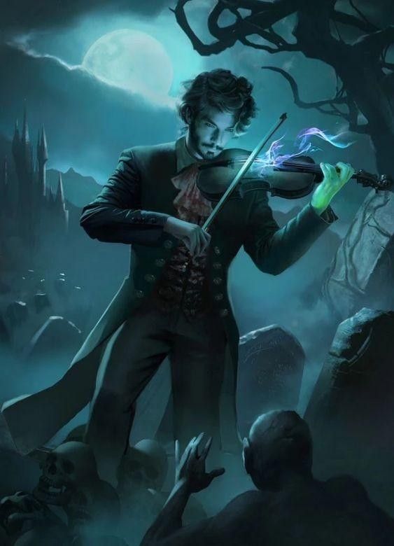 in a moonlit graveyard, a handsome, brooding vampire dressed in dark, elegant clothing plays a glowing violin. the scene is steeped in cool, eerie tones, with a low perspective emphasizing the vampire's commanding presence.  a zombie hand reaches up from a grave in the foreground, seemingly drawn by the music. the silhouette of a gothic castle looms in the distance, adding to the atmosphere of mystery and dread.