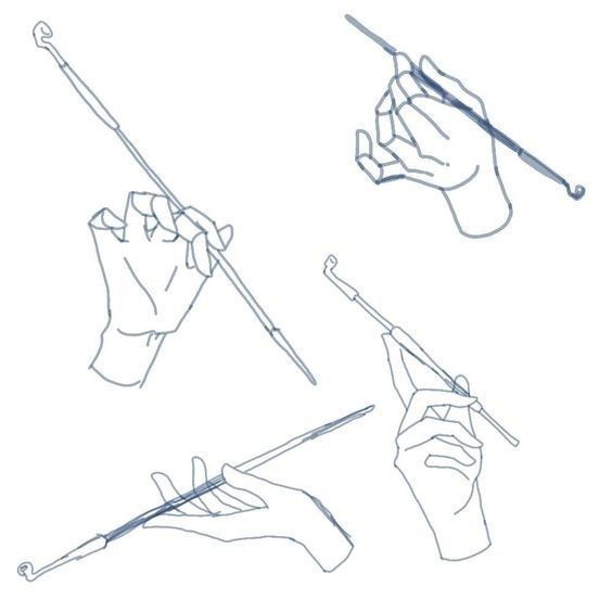 the image shows four different hand poses holding a long, thin implement. the sketches are simple line art, showing the various ways one might grip or hold a rodlike object.