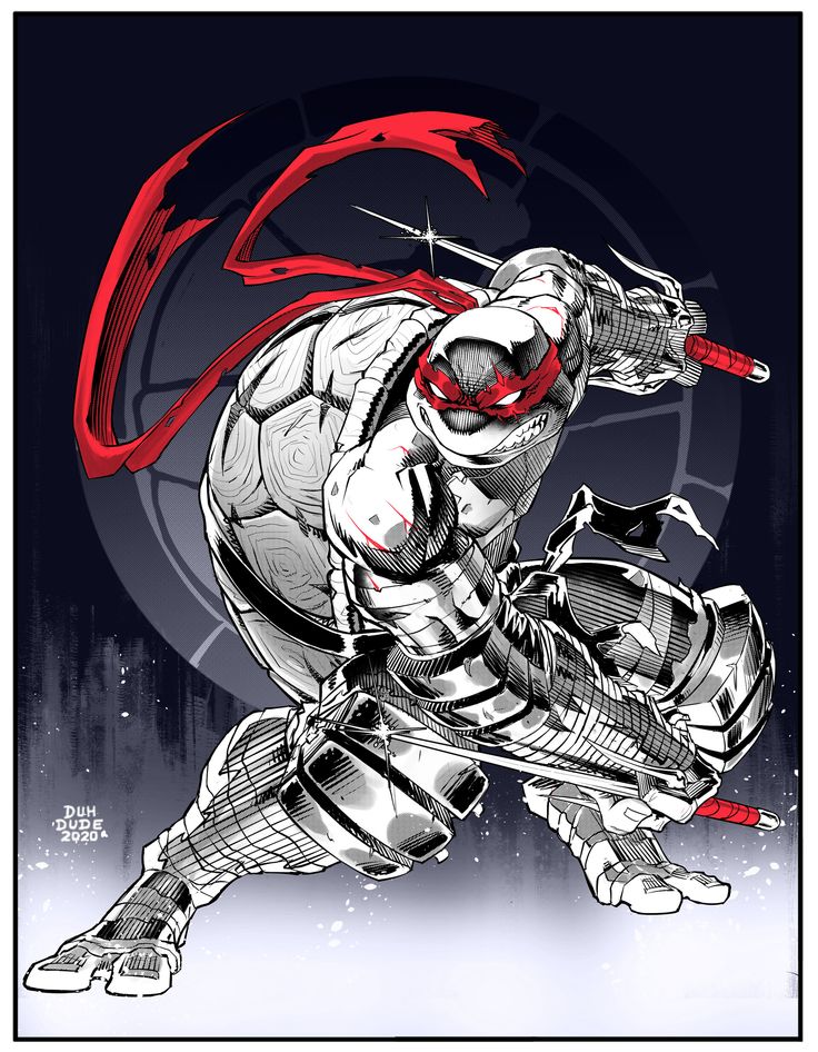 a black and white illustration of a ninja turtle, presumably leonardo, with a red mask, holding his katana. his red bandana is billowing behind him. he is midair, in a battle pose.