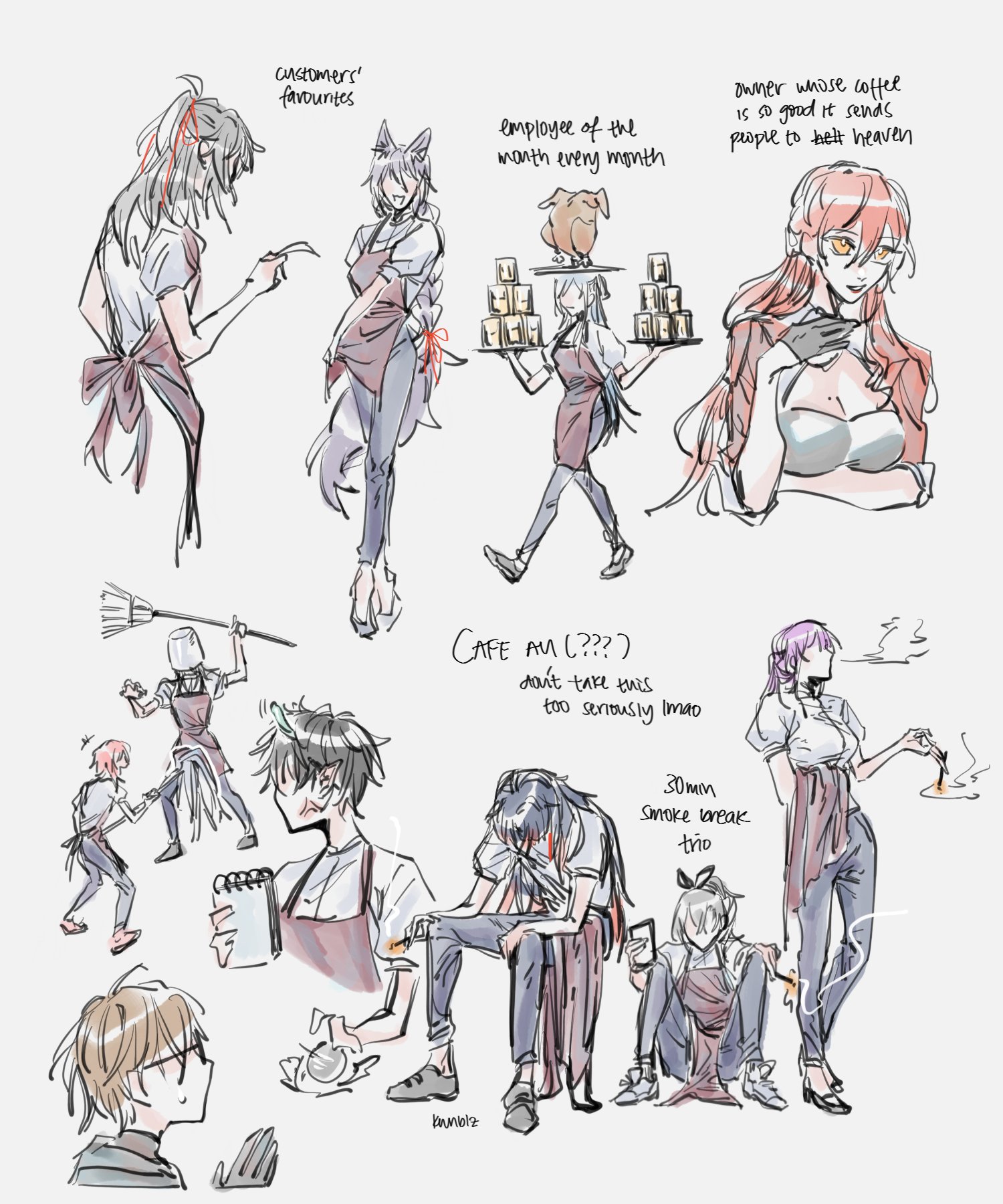 this is a cute animestyle illustration depicting a cafe scene.  there are various characters in the illustration, all with unique styles and personalities. in the top left corner, there is a customer with a red and white outfit holding a menu and interacting with the cashier, who is a foxlike character. in the top right corner,  another customer in a red and white outfit is interacting with the barista, who is also a foxlike character with a black and white outfit.  there are two other characters in the top middle, one is an employee serving coffee and another is a customer drinking coffee.  the bottom part of the illustration depicts various scenes, including an employee holding a broom, a customer enjoying a pastry, and a group of employees taking a smoke break. all of these are drawn with a loose,  energetic style, showcasing the lively atmosphere of the cafe.