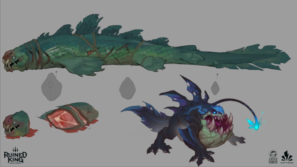 the image is concept art showcasing two variations of a creature likely for a video game, possibly from the "ruined king" universe (as indicated by the logo). the top portion features a large, deceased fishlike creature with a greenishgray skin, tied up with rope, showing signs of damage. below it are depictions of a severed head and a cut section of the creature's flesh. the lower portion of the image presents a smaller, more fantastical interpretation of the creature, dark blue with bioluminescent accents. this version is alive and has a more menacing, predatory look with sharp teeth and a long, slender tail. the overall style is consistent with fantasy creature design in video games.  the art appears to be a workinprogress, judging by the gray background and rough sketches.