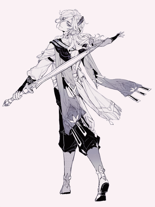 a grayscale illustration of a female anime character in a warrior pose, holding a sword behind her back, drawn in a mangastyle with detailed clothing and a sharp facial expression. the character is surrounded by a dynamic flow of fabric and a clear focus on action and movement.