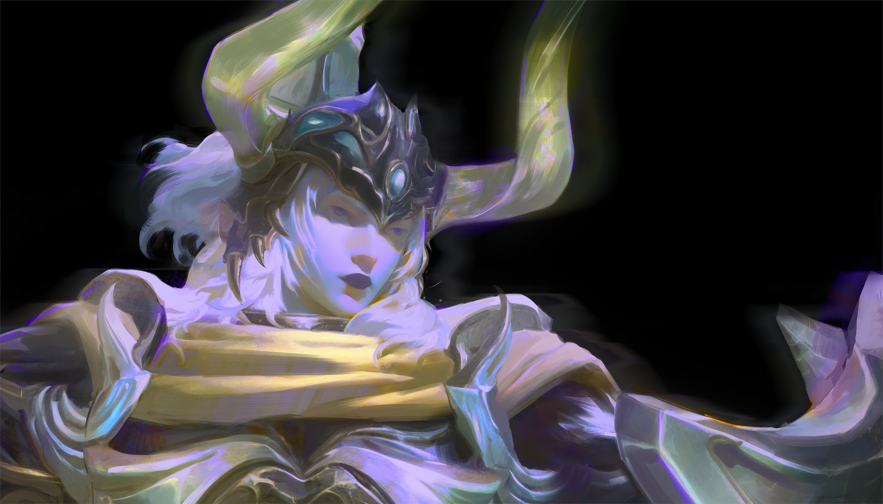 a digital painting depicting a woman in a fantasy setting. she is adorned in intricate armor, including horns, a helmet, and flowing robes. the colors are vibrant and ethereal, with shades of purple, white, yellow, and blue. the woman's expression is mysterious and somewhat haunting, suggesting a powerful and enigmatic nature. the background is dark, allowing the woman's form and details to stand out prominently. the overall atmosphere is magical and evocative, hinting at a story or adventure yet to be told.