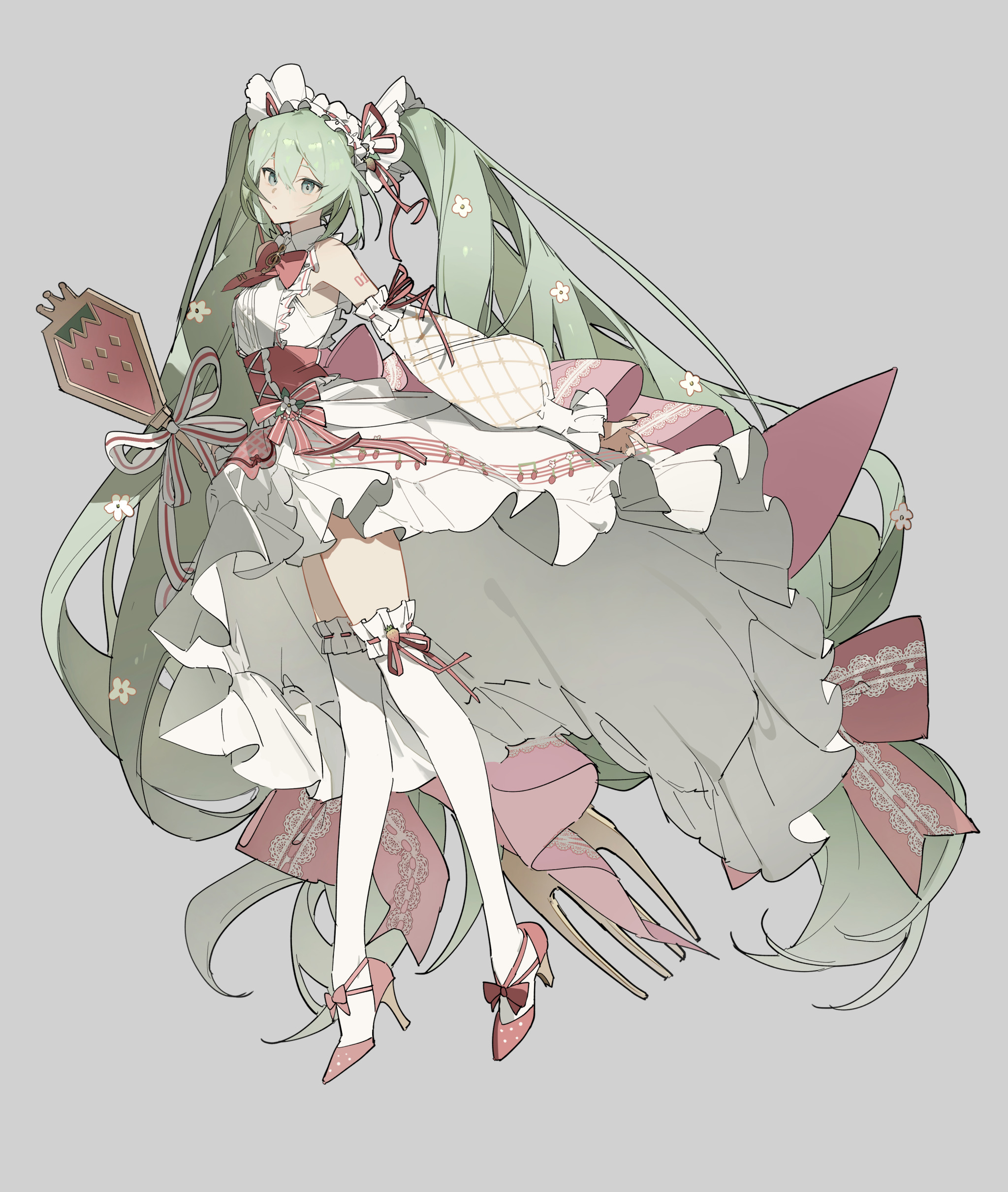 a full body illustration of an anime girl with long green twin tails. she's wearing a white frilly dress with pink accents, white stockings with garters, and pink high heels. she holds a strawberryshaped mirror and has flowers in her hair and a maiden headdress.