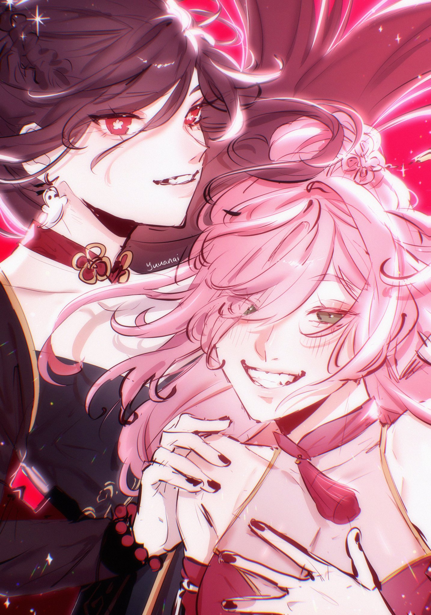 the image is a digital illustration of two anime girls. the girl in the front has pink hair and green eyes, and she's smiling brightly. the girl in the back has black hair and red eyes, and she's also smiling. they're both wearing traditional chinese clothing, and they're holding hands. the background is a blurry red and pink color, with white stars scattered around. the image gives off a sense of friendship and joy.