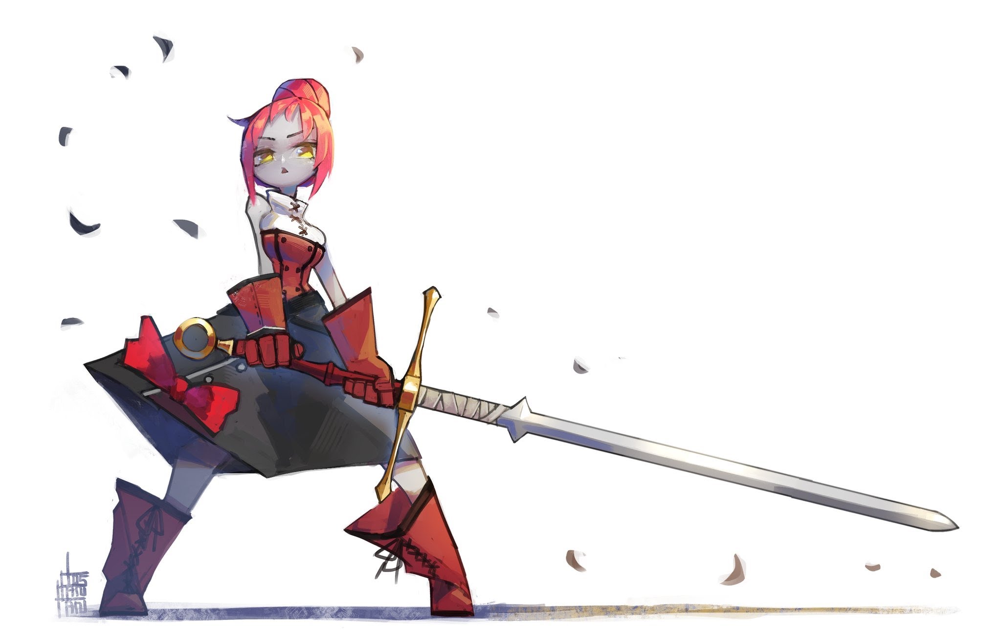 this is a digital illustration of an anime girl with red hair and a sword. she is wearing a red and black outfit with a white shirt underneath. she is standing on a white background and has a determined look on her face. she is ready to fight.