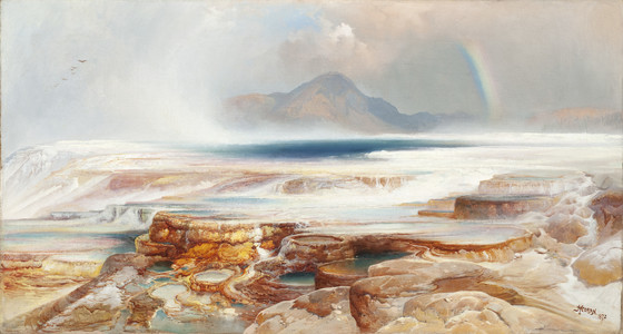 a painting depicting mammoth hot springs in yellowstone national park. terraced mineral deposits cascade down the foreground, with small pools of water collecting on each level. steam rises from the hot springs, creating a hazy atmosphere. in the background, a mountain is partially obscured by clouds, and a faint rainbow arcs across the sky. a few birds fly near the horizon. the painting is likely from the 19th century and may be the work of thomas moran. the color palette is varied, including shades of white, brown, yellow, blue, and hints of pink and green.