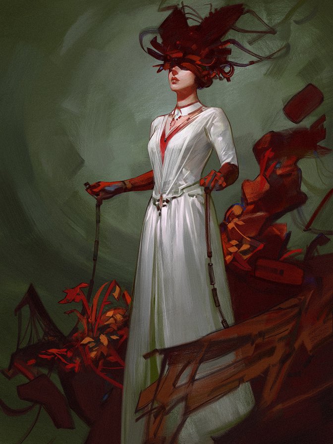 the digital painting depicts a woman in a flowing white dress with red accents.  she wears a large, intricate, dark red hat or headpiece that partially obscures her face, resembling a blindfold or mask. her gloves are also red, and she holds long chains or reins that seem connected to a dark reddishbrown piece of machinery or wreckage in the foreground.  the background is a blend of dark greens and hints of red, creating a moody and atmospheric setting.  there are elements of steampunk or futuristic design in the woman's attire and the surrounding environment, suggesting a blend of historical and technological elements. the style of the painting is painterly and expressive, with visible brushstrokes contributing to the overall dramatic effect.  the woman appears elegant and mysterious, her expression hidden behind the unusual headpiece.