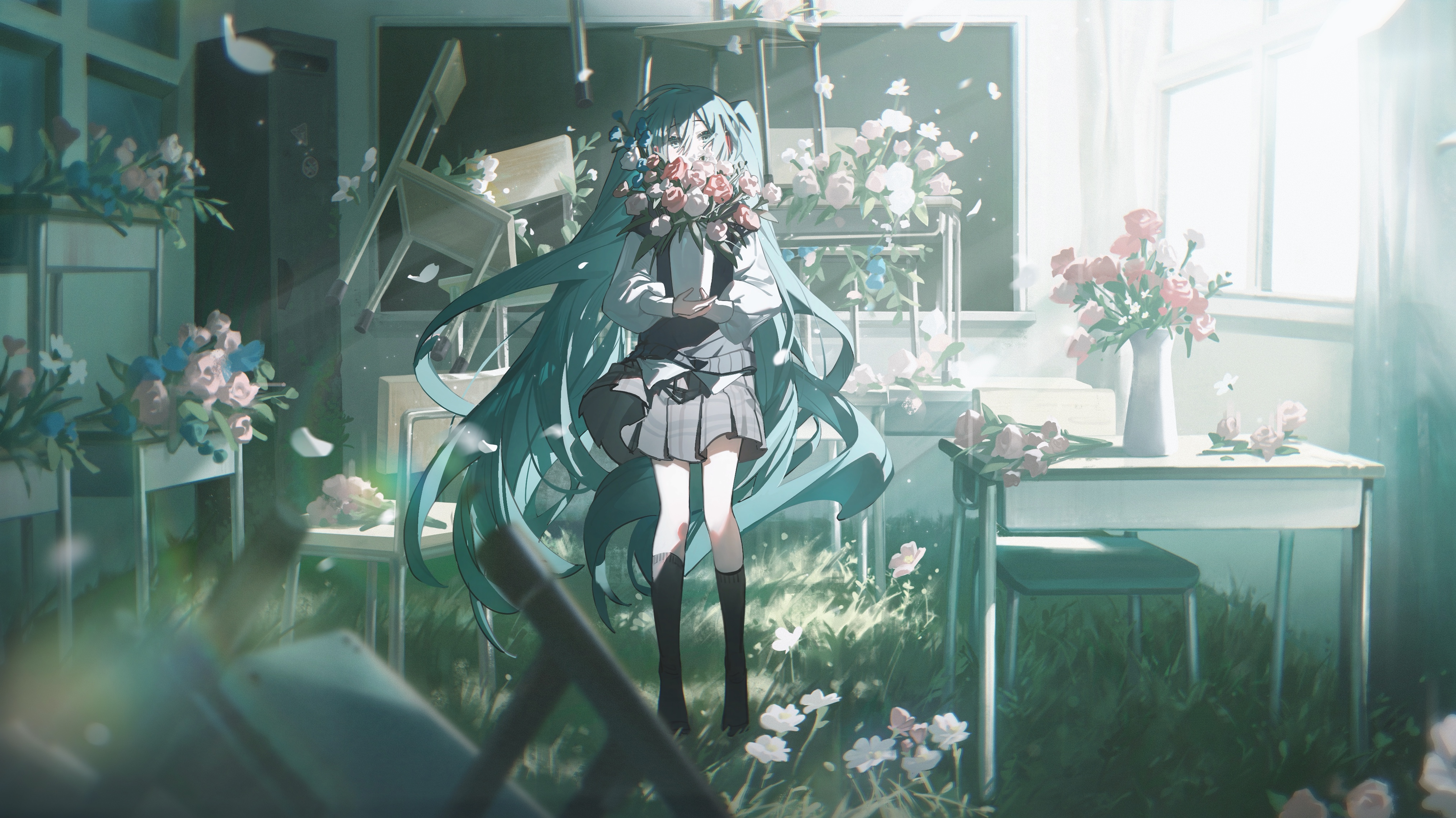 the image is an animestyle illustration featuring hatsune miku in a school uniform standing in a classroom filled with flowers. she holds a bouquet in front of her face. the room is overgrown with grass and flowers, with desks and chairs scattered around. there's a bright window and petals floating in the air, giving it a surreal and dreamy atmosphere.