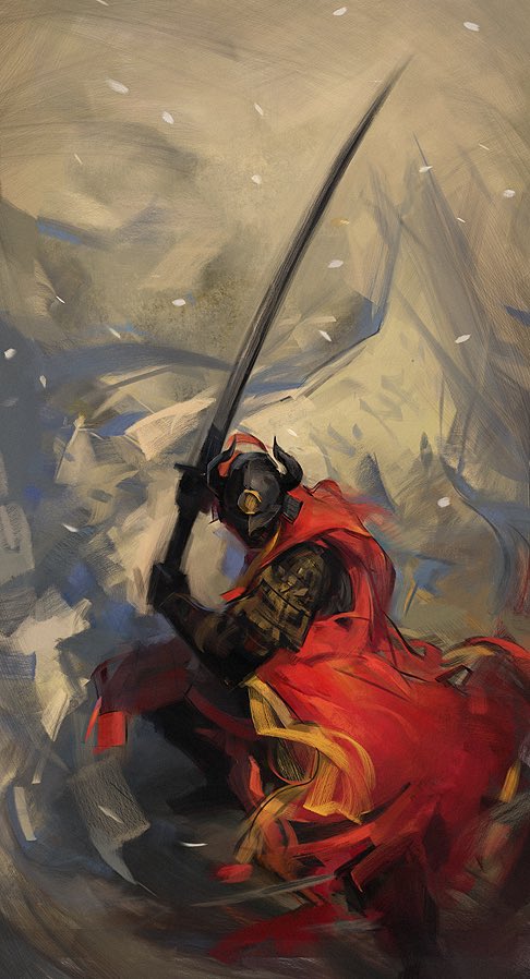 the image is a dynamic and expressive painting or digital artwork depicting a warrior, possibly a samurai, in the midst of battle. the warrior is clad in dark armor and a flowing red cloak, with a helmet adorned with horns.  they wield a long katana, its sharp blade extending across a significant portion of the canvas. the background is a whirlwind of abstract brushstrokes suggesting movement and chaos, with hints of snow or dust particles. the overall style is painterly and expressive, emphasizing motion and drama rather than strict realism. the color palette is dominated by reds, blacks, and grays, with accents of gold. the artwork conveys a sense of intense action and struggle.