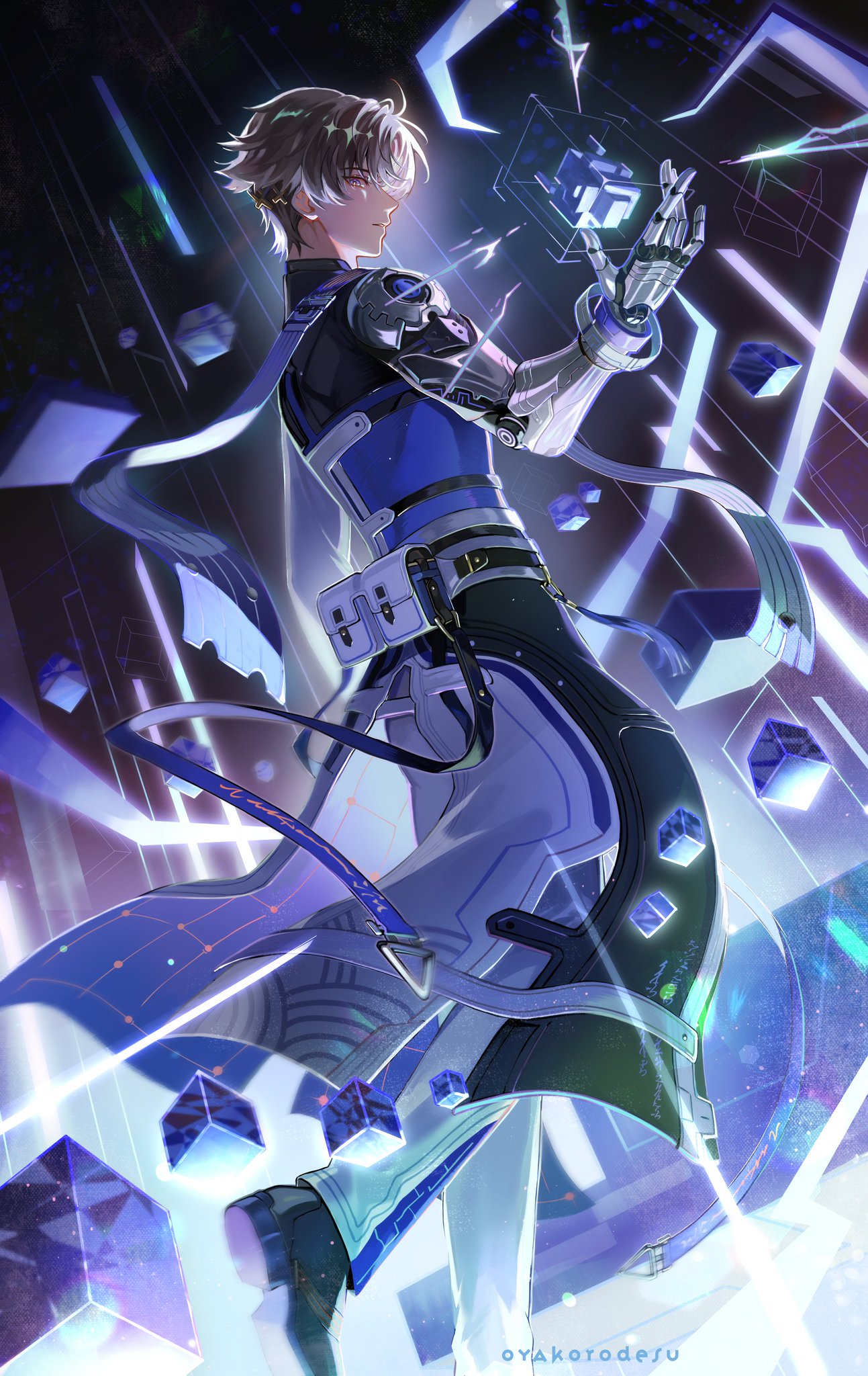 a futuristic anime character with a robotic arm stands confidently in a digital environment. the character is surrounded by blue and white neon lights, suggesting a hightech setting. the character's pose and expression convey strength and determination, possibly in the midst of battle. the art style is vibrant and dynamic, with details like the robotic arm and the futuristic cityscape adding to the character's coolness. the overall feel is one of a powerful and capable character ready to face any challenge.