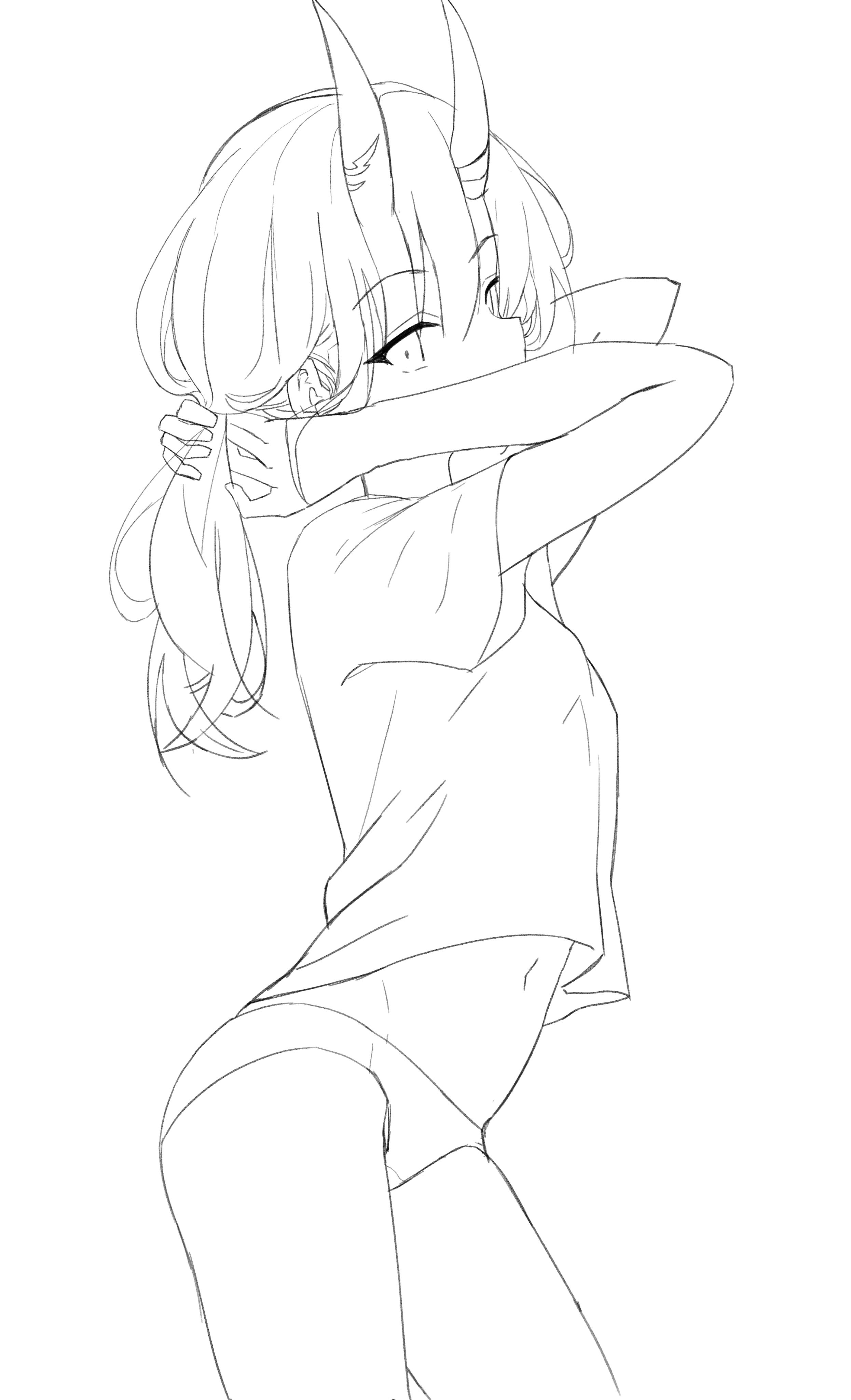 a line drawing of a young anime girl with horns, possibly an oni, shyly hugging herself. she has long hair pulled back in a ponytail and is wearing a casual tshirt and shorts. the style is simple and minimalist, focusing on the character's pose and expression. the image is in black and white.