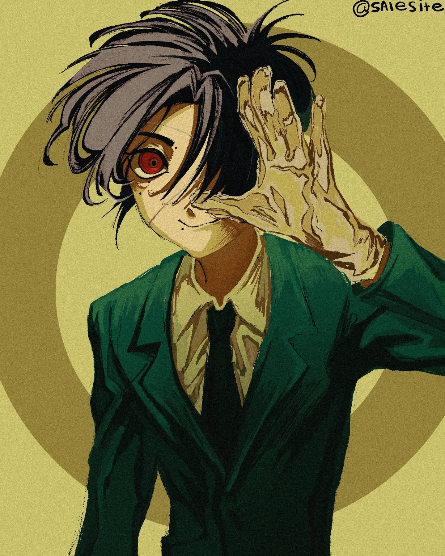 the image is a digital illustration in a style reminiscent of anime and manga.  it depicts a young man with dark, somewhat messy hair, a striking red eye visible, and a green suit and dark tie. he is partially covering his face with his right hand, which appears somewhat stylized and almost skeletal in its detail. his expression is somewhat obscured but hints at a serious or perhaps melancholic mood. the background is a simple, muted goldyellow with a circular gradient. the overall style is dramatic and atmospheric with strong contrasts in shading and lighting. the artist's tag, @salesite, is visible in the upper right corner.