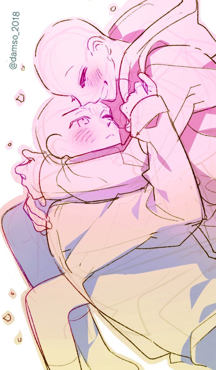 a drawing of two animestyled characters. the characters are a boy and a girl who are hugging each other. the boy is on top of the girl, and the girl is looking up at the boy with a blush on her face. the boy is also blushing and has his arm around the girl's waist. the boy is holding the girl's face in his hand, as if they are about to kiss. the drawing is done in a soft, pastel color scheme with pink, purple, and white colors. it's a beautiful illustration that portrays the sweet and loving nature of the couple.
