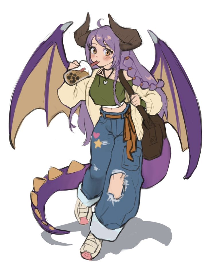 the image is a digital illustration of a cute animestyle girl with features of a dragon. she has purple hair, horns, and large purple wings.  she's wearing casual clothing: a green shirt, a creamcolored cardigan, distressed blue jeans with patches, and sneakers. she's carrying a brown backpack and is holding and drinking from a cup of boba tea. the overall style is lighthearted and whimsical.  the art style is loose and sketchy, not highly detailed.