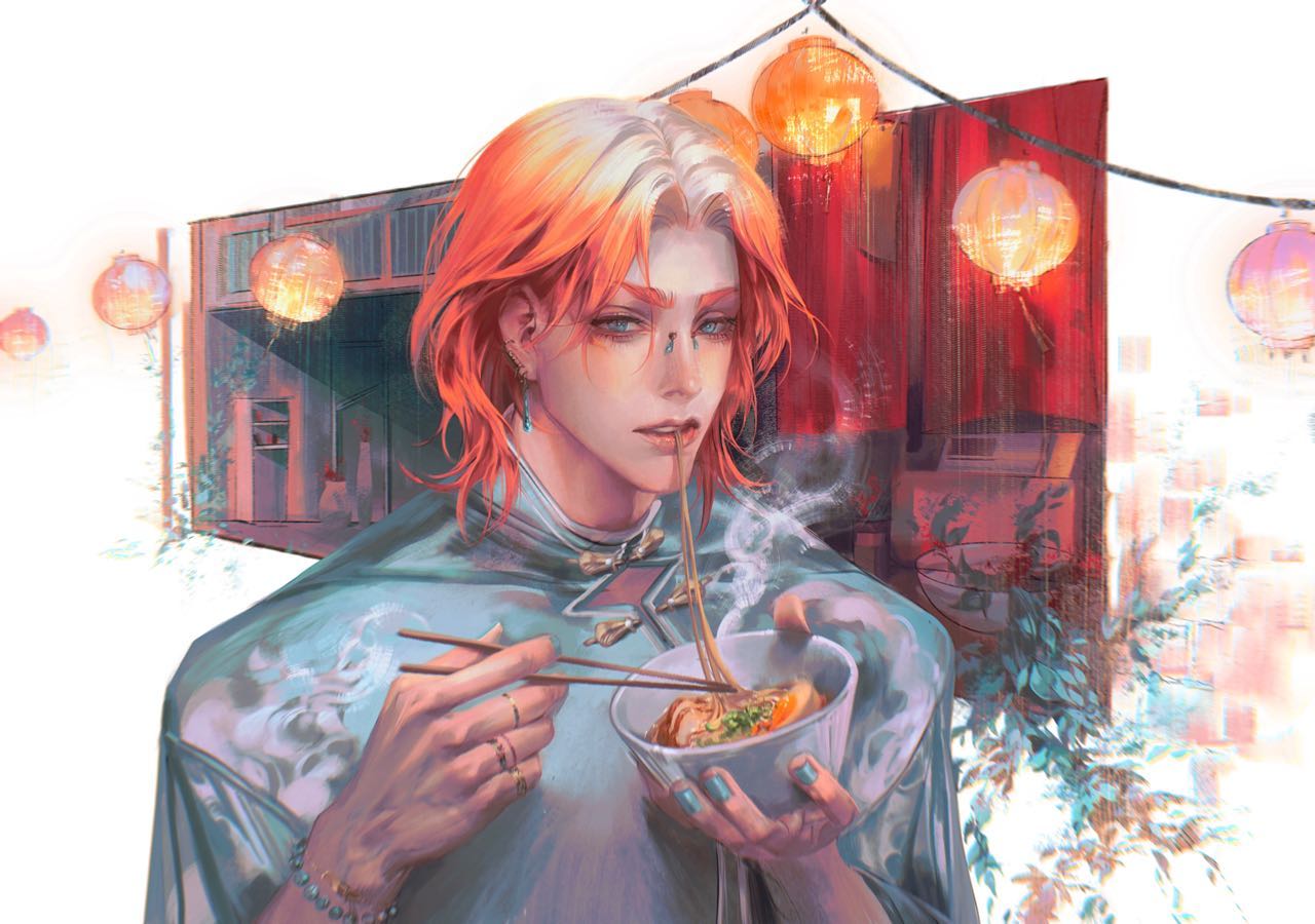 the image shows an androgynous young man with striking orange hair and blue eyes eating a bowl of ramen with chopsticks. he is wearing a loose fitting teal shirt with a high collar. the scene is set at night, and warm light from paper lanterns illuminates the outdoor dining area of a restaurant.