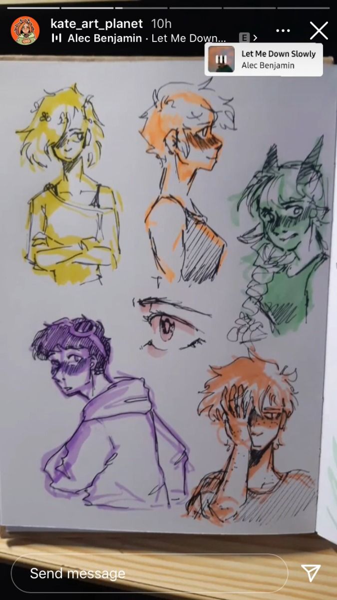 he image shows a collection of handdrawn sketches featuring various character designs, possibly inspired by alec benjamin's song "let me down slowly." the sketches are vibrant and expressive, with a mix of styles leaning towards anime or manga aesthetics.  the characters are depicted in different poses and emotional states, using a range of colors in pen or marker. the sketches vary in detail, some more refined than others, suggesting a casual, expressive style of drawing. the overall tone is youthful and creative.  the image is taken from a phone or tablet screen, with social media interface elements visible.