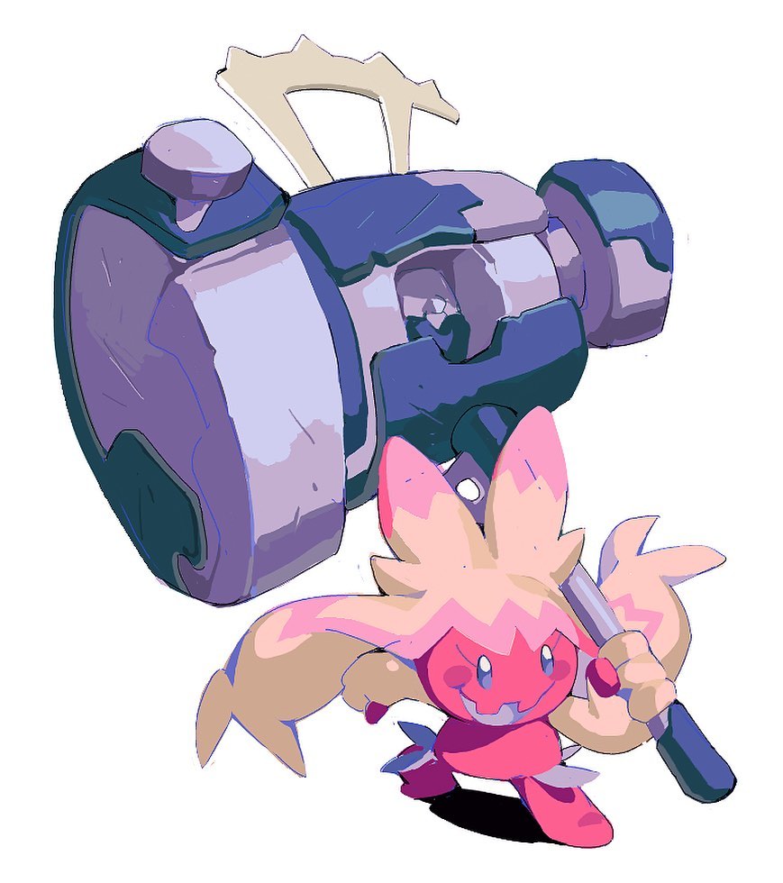 the image is a stylized digital illustration of a cute, yet powerful, pink cartoon creature. the creature has large, floppy ears and a small, mischievous grin. it is wielding an oversized, intricately designed hammer that appears mechanical or magically imbued. the art style is vibrant and playful, blending cute animeinspired features with more robust elements of fantasy. the overall feel is whimsical and energetic. the creature and hammer are the focal point, set against a plain white background.