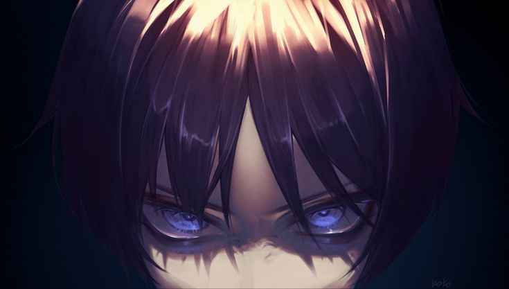 the image is a closeup portrait of an anime boy with intense, glowing purple eyes. his dark purple hair falls over his forehead, casting a shadow over his face. the lighting is dramatic and lowkey, with rim lighting highlighting the edges of his hair and face. the overall atmosphere of the image is dark and emotional, suggesting anger, determination, or a moment of intense focus.