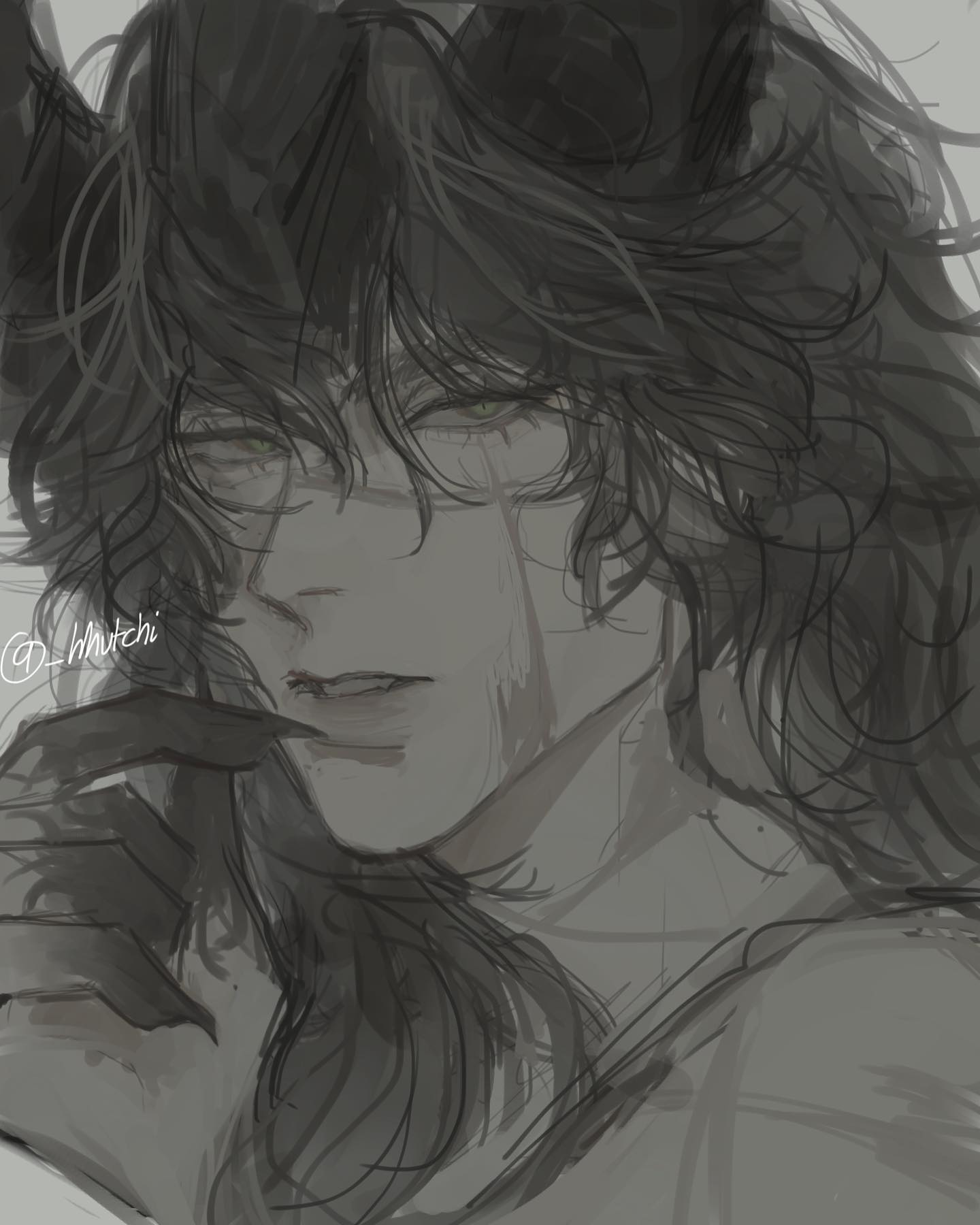 the image is a closeup digital painting or sketch of an anime or mangastyle character. the art style is painterly and slightly unfinished, giving it a rough, expressive quality. the character is depicted from the chest up, possessing long, dark hair that partially obscures their face. their eyes are visible and seem to hold a hint of mystery or sadness. the character appears to have horns, suggestive of a demonic or fantastical creature. the overall color palette is grayscale, with varying shades of grey creating depth and texture. the piece has a somber and slightly melancholic atmosphere.